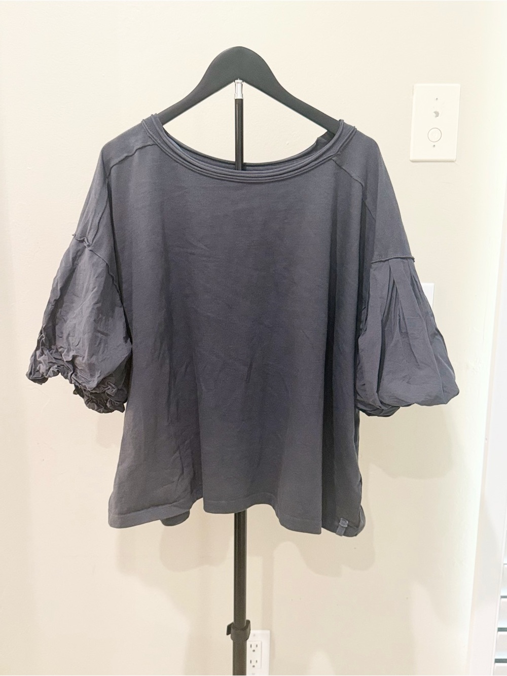 We The Free by Free People Charcoal Balloon Sleeve Oversized Top Lagenlook Boho